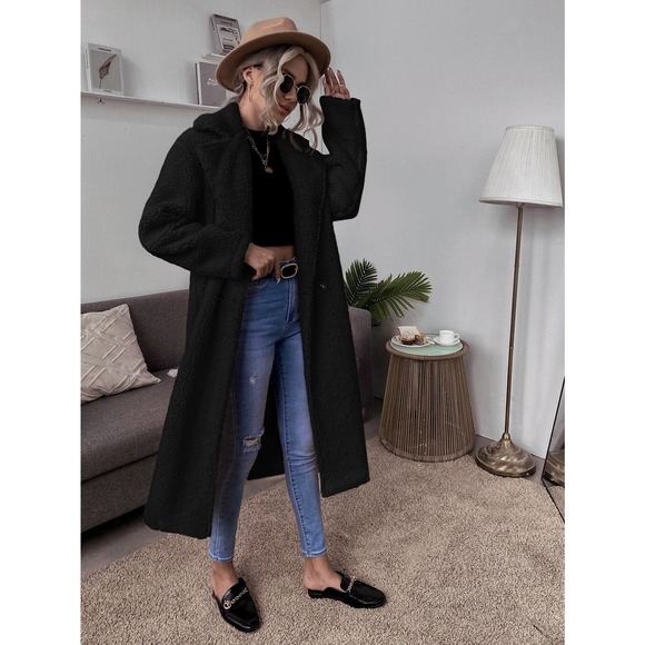 Double Button Teddy Coat Long Trench Coat Fuzzy Fluffy faux fur white cream - Picture 8 of 8